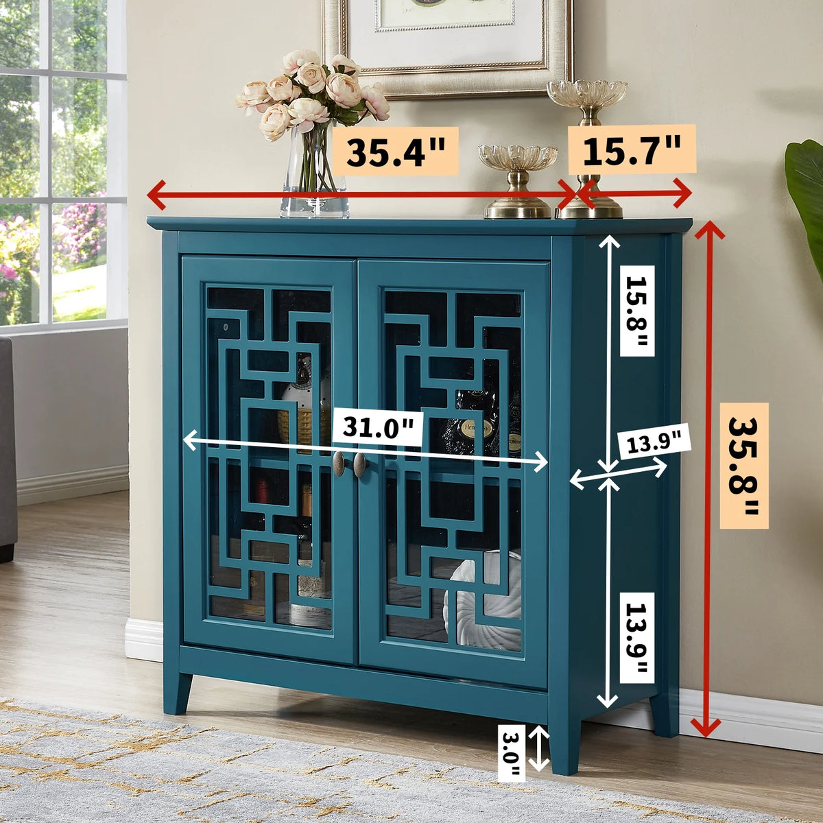 Teal Blue Wooden Buffet Cabinet with Adjustable Shelves I6306
