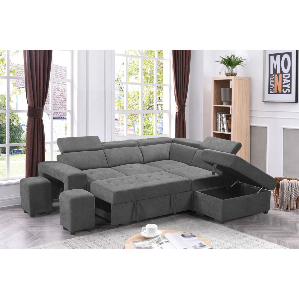 Light Gray Sleeper Sectional Sofa with Storage Ottoman and 2 Stools K72921