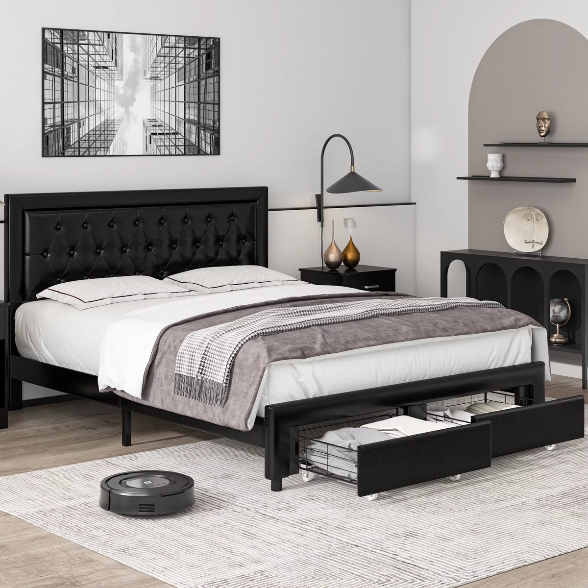 Queen Size Black PU Leather Upholstered Platform Bed Frame T5062