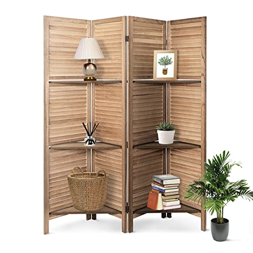 4 Panel Brown Wood Room Divider with Shelves J22675