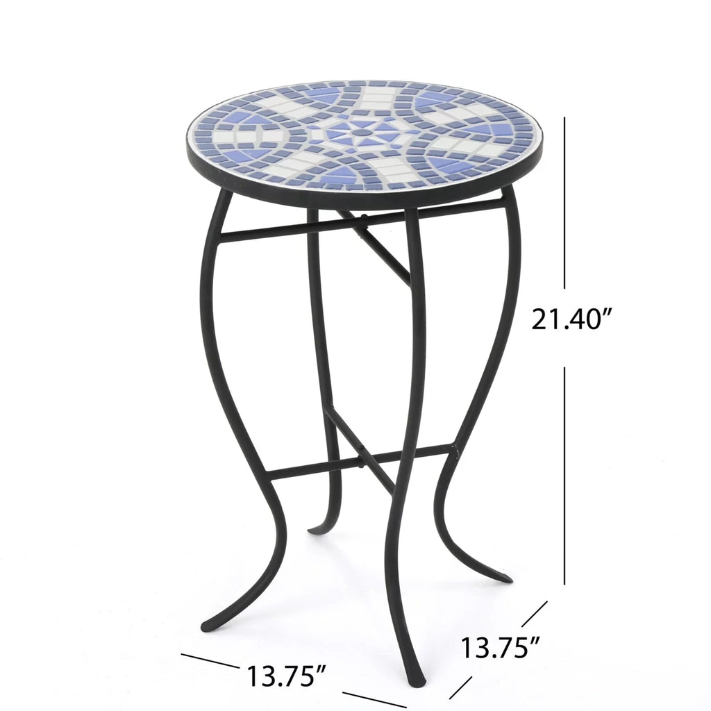 Blue and White Ceramic Tile Iron Frame Side Table W143