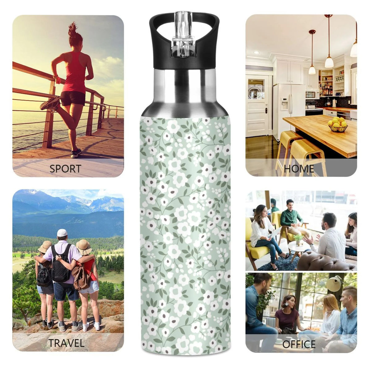 White Floral Green 20 OZ Stainless Steel Water Bottle with Straw Lid A1955