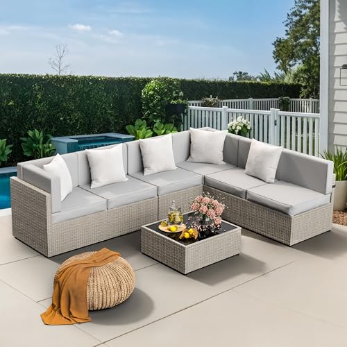 7-Piece All-Weather Wicker Patio Sectional Sofa Set with Washable Cushions S83890