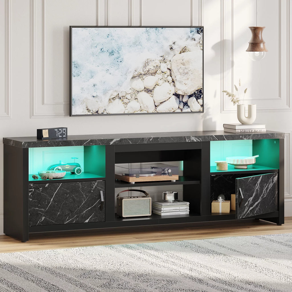 70 LED TV Stand with Cabinet & Open Shelves, Black Marble K97160