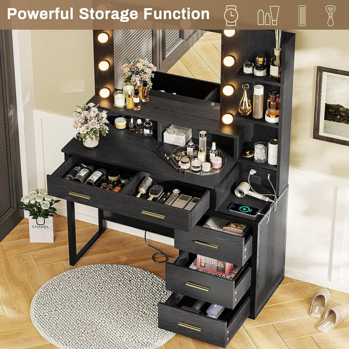 Black Makeup Vanity with Lights and Charging Station, 5 Drawers and Mirror R8747