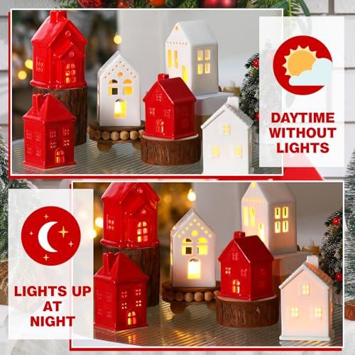 6 Pcs Ceramic LED Lighted Christmas Village Houses Green and White E83705