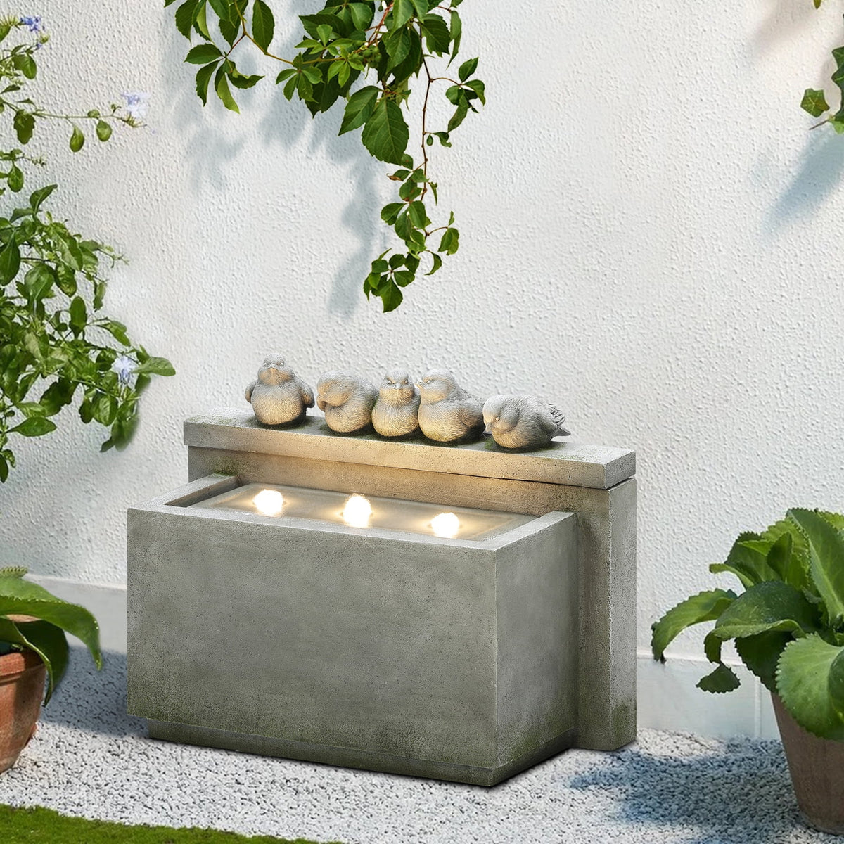 Gray Rectangular Resin Outdoor Bubbler Fountain with Lights U23788