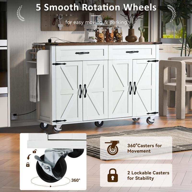 Farmhouse Kitchen Island with Power Outlet, Drop Leaf, Spice Rack and Drawer, Rolling Kitchen Cart on Wheels F267