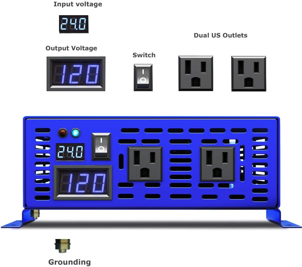 1500W Pure Sine Wave Power Inverter 24V DC to 110V 120V AC with LED Display Dual AC Outlets X757