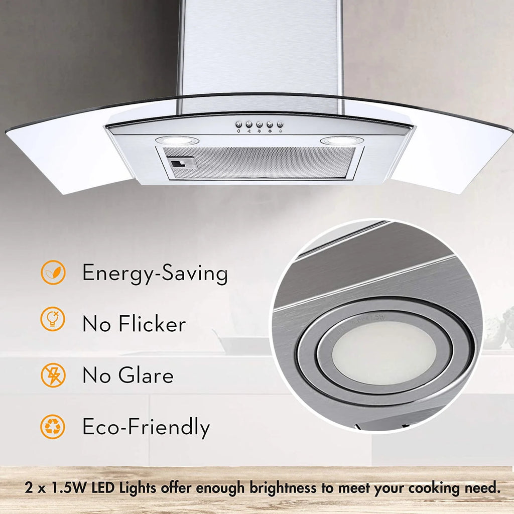 30 inch Wall Mount Range Hood 450CFM Tempered Glass 3-Speed R5000