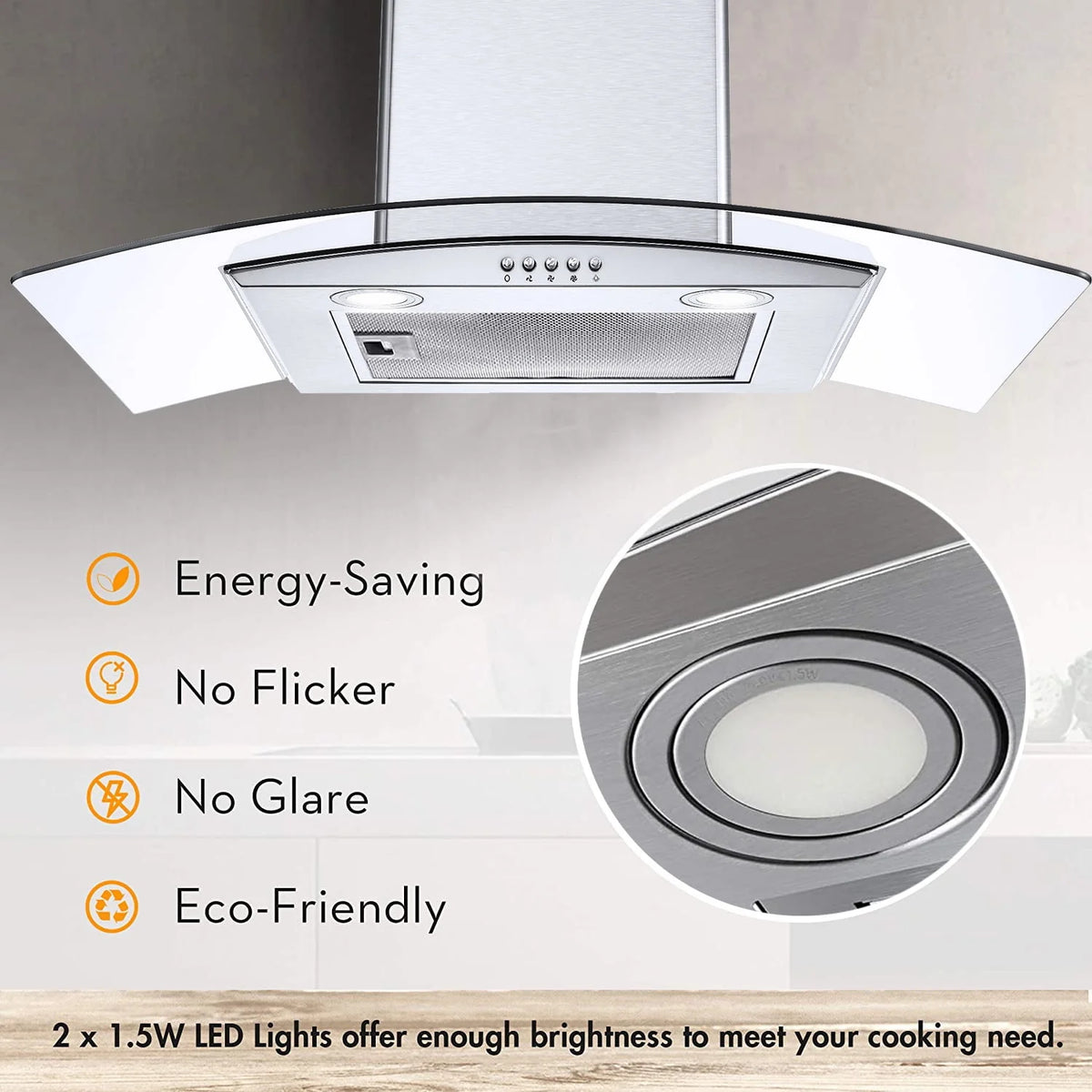 30 inch Wall Mount Range Hood 450CFM Tempered Glass 3-Speed R5000