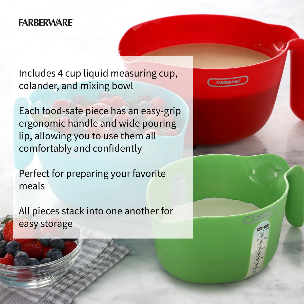 3 pc Mixing Bowl, Colander, Measuring Cup Set C83607