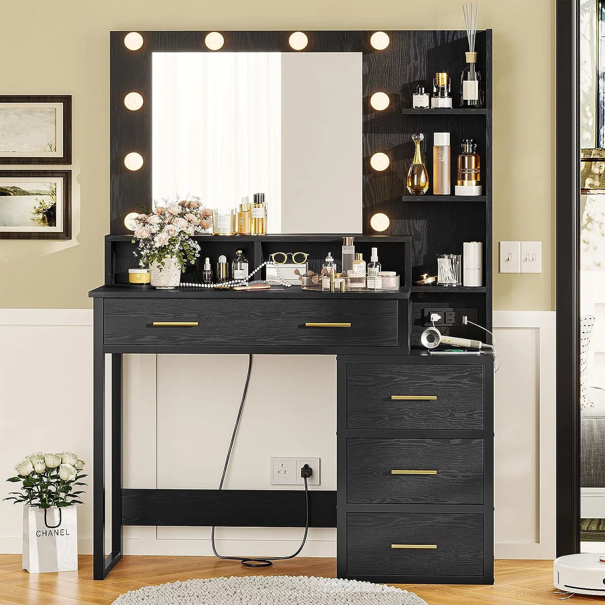 Black Makeup Vanity with Lights and Charging Station, 5 Drawers and Mirror R8747