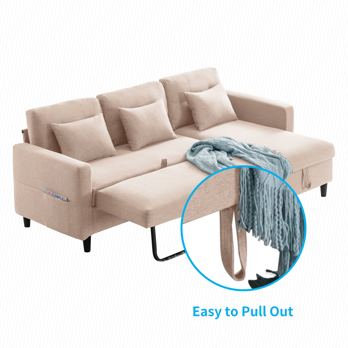 Beige Linen Reversible Sleeper Sectional Sofa with Storage Chaise Y84392
