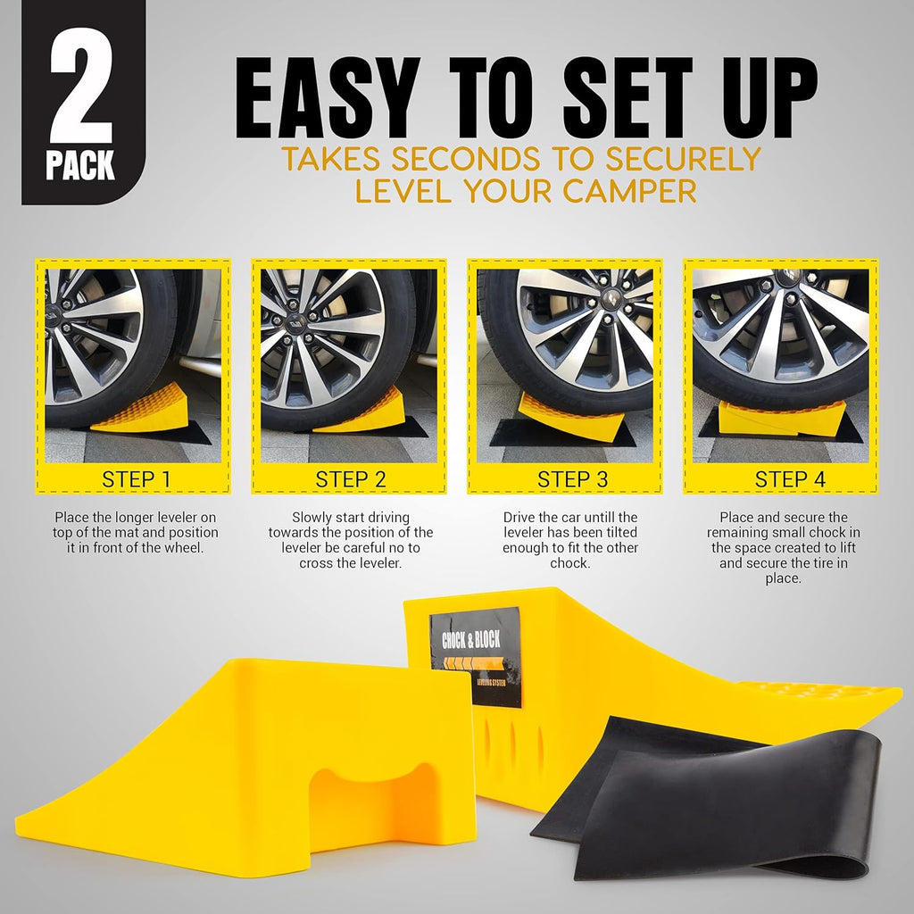 Rv Leveling Blocks Set, Non-Slip, Includes 2 Levelers, 2 Chocks and 2 Rubber Mats C5190