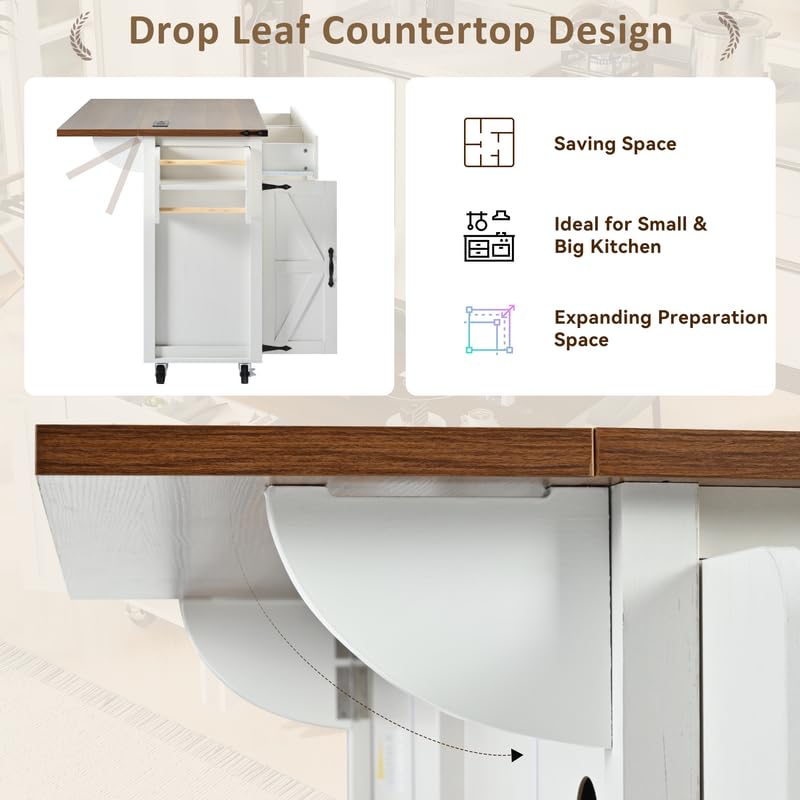 Farmhouse Kitchen Island with Power Outlet, Drop Leaf, Spice Rack and Drawer, Rolling Kitchen Cart on Wheels F267