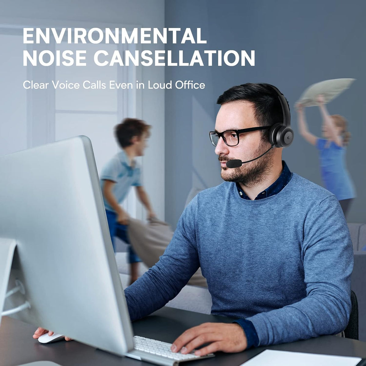 Wireless Bluetooth Headset with Microphone, AI Noise Cancelling, 35 Hrs Talk Time, USB Dongle, Charging Base, Mute Button, Pack of 2 P7025