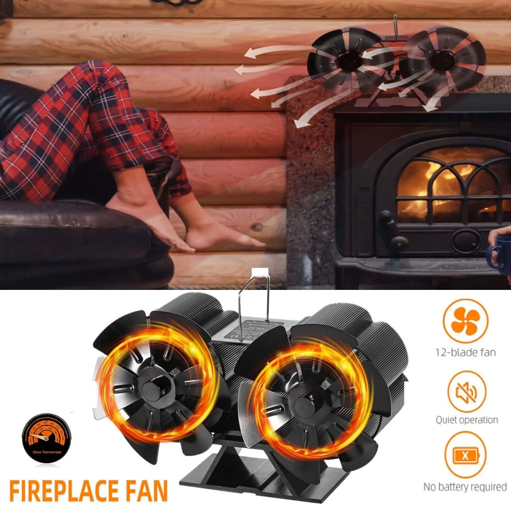 12-Blade Dual Head Heat Powered Wood Stove Fan with Magnetic Thermometer E147