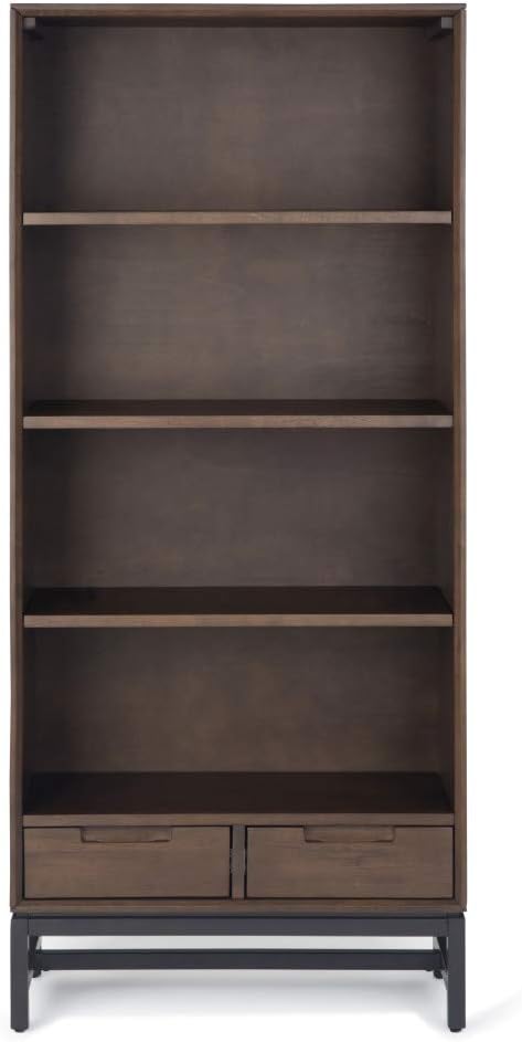 66 inch Walnut Brown Solid Hardwood and Metal Bookcase with 2 Drawers and 4 Shelves B75426