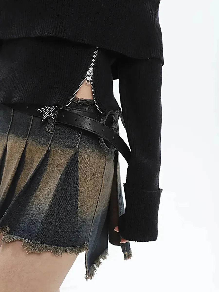 Pleated Distressed Star Belt Skirt G387626