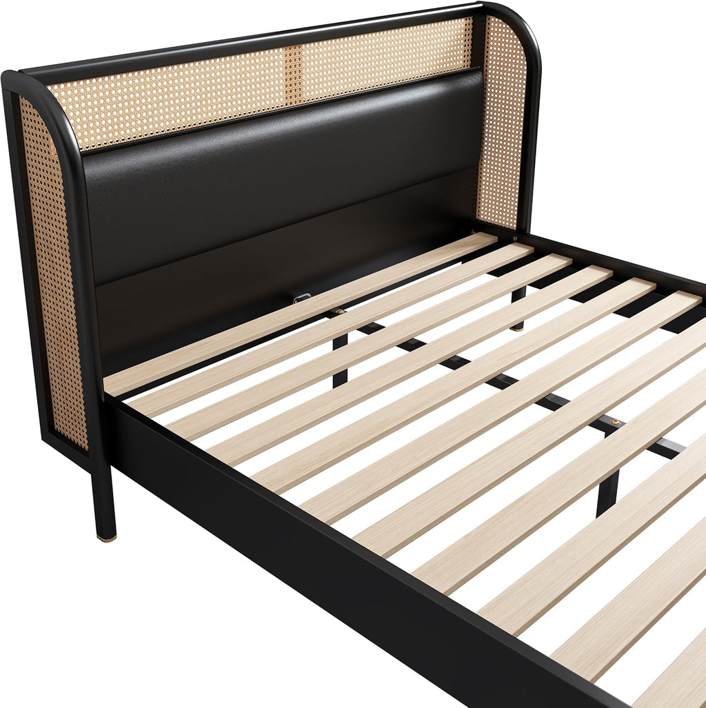Queen Size Rattan Platform Bed with Wingback Headboard U687