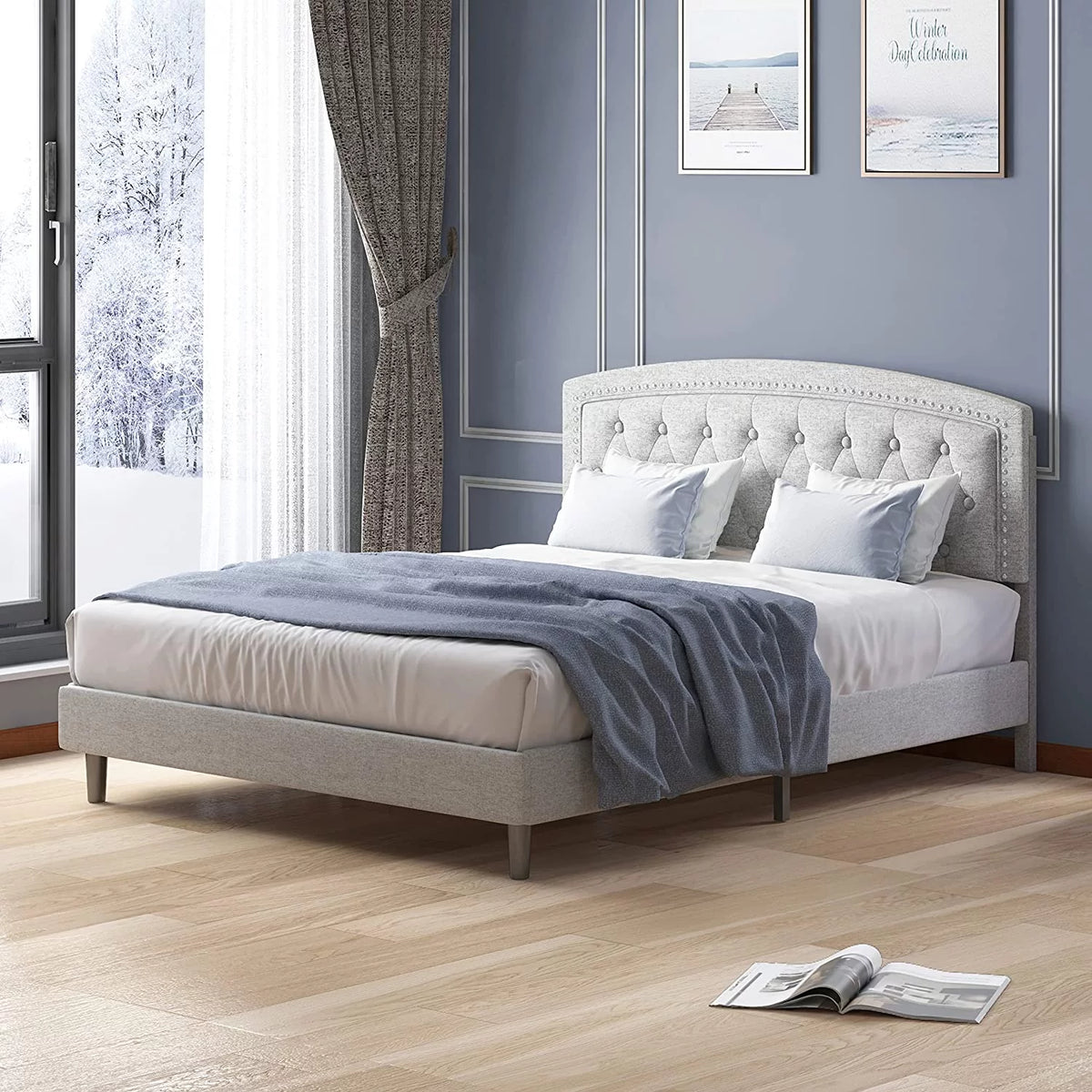 Full Size Light Grey Platform Bed Frame with Headboard Y26349