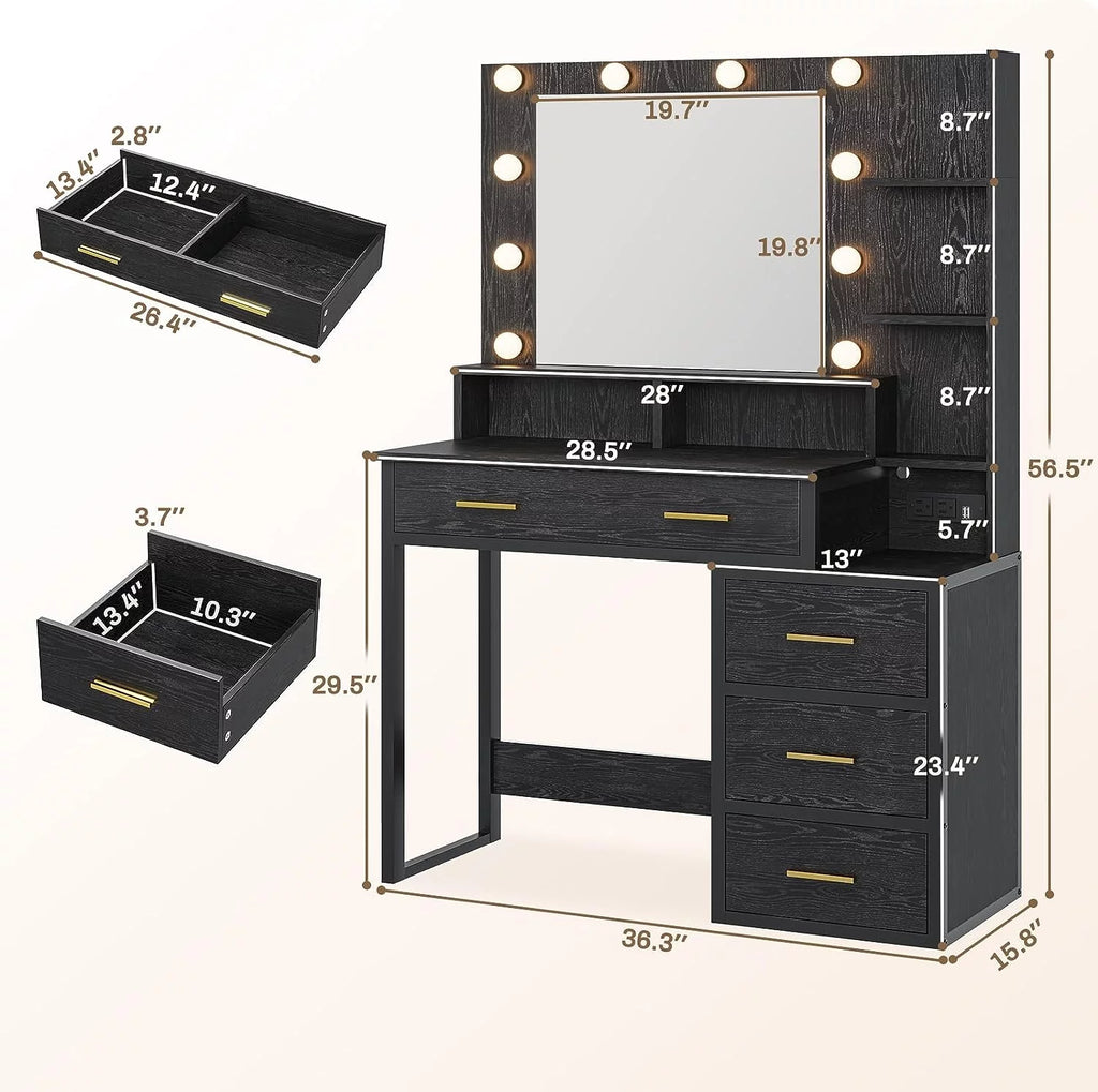 Black Makeup Vanity with Lights and Charging Station, 5 Drawers and Mirror R8747