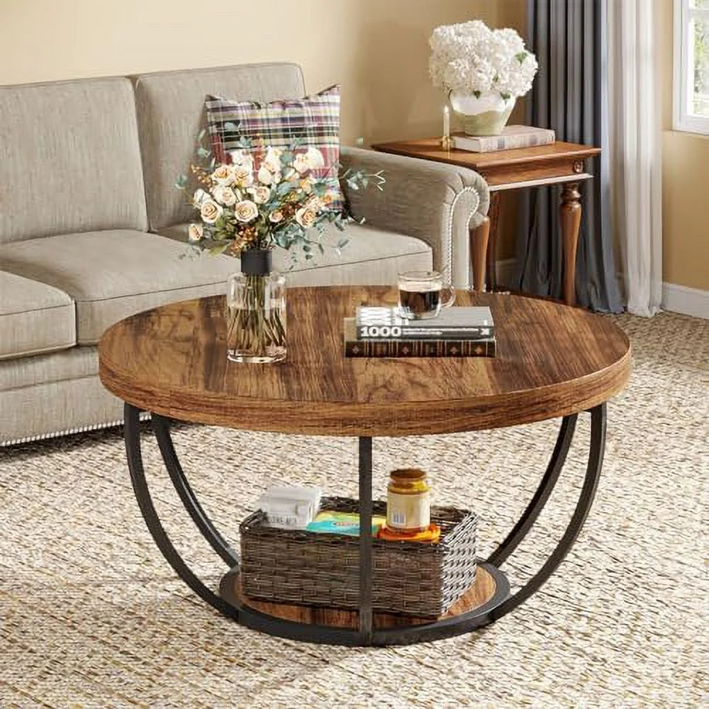 Round 2-Tier Wooden Coffee Table with Shelves Z809