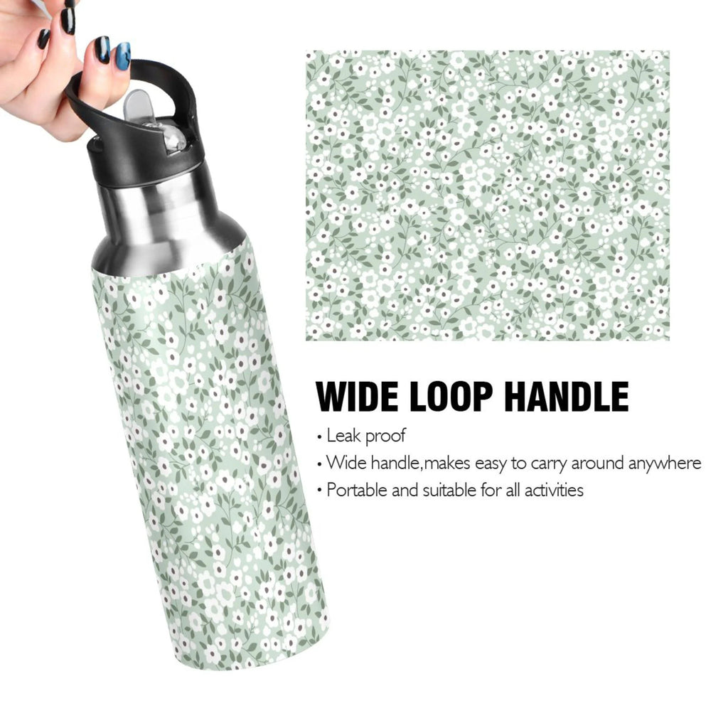 White Floral Green 20 OZ Stainless Steel Water Bottle with Straw Lid A1955