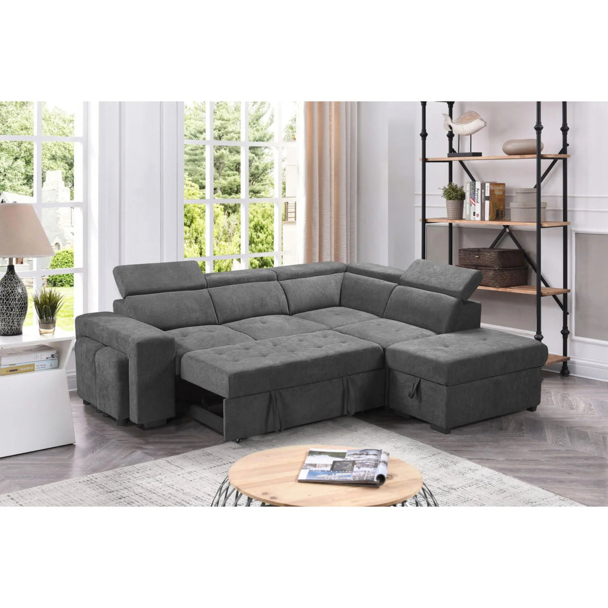 Light Gray Sleeper Sectional Sofa with Storage Ottoman and 2 Stools K72921