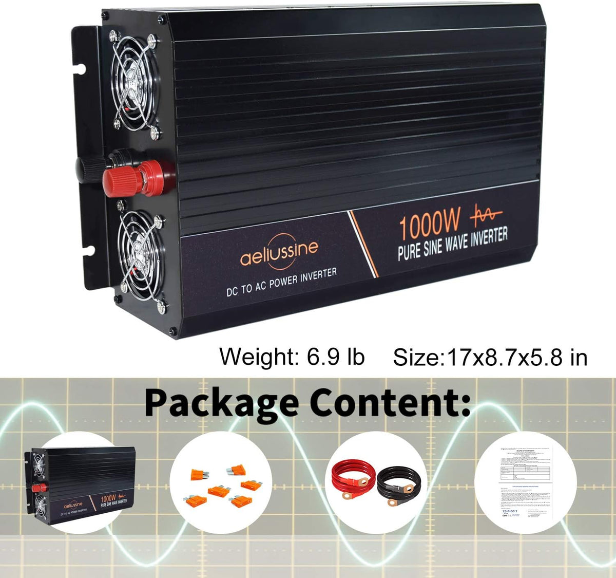 1000 watt Pure Sine Wave Inverter 24v dc to ac 120v with LCD Display D2282