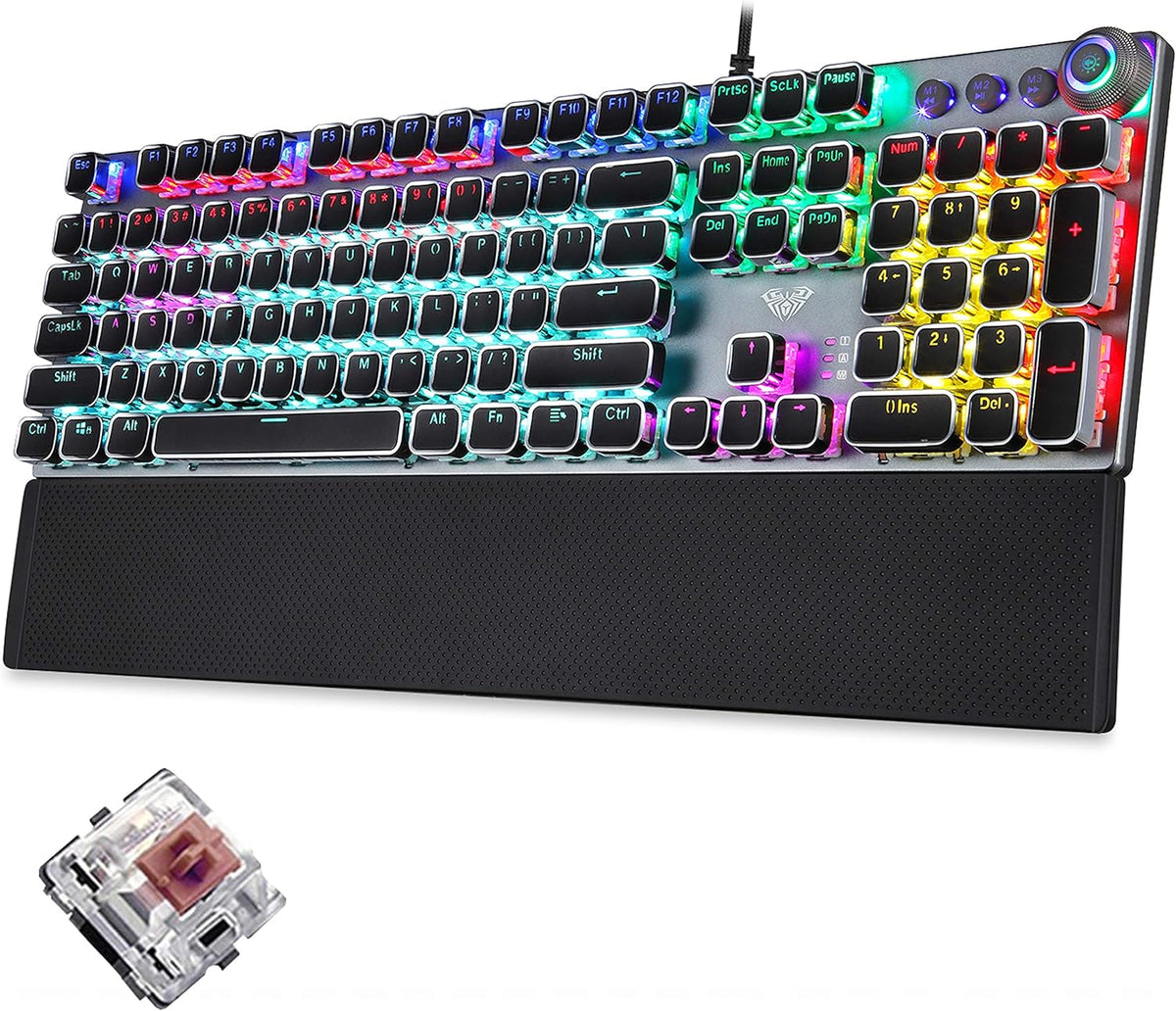 Mechanical Gaming Keyboard, Blue Switches, USB Wired, Metal Panel, Moveable Wrist Rest B192