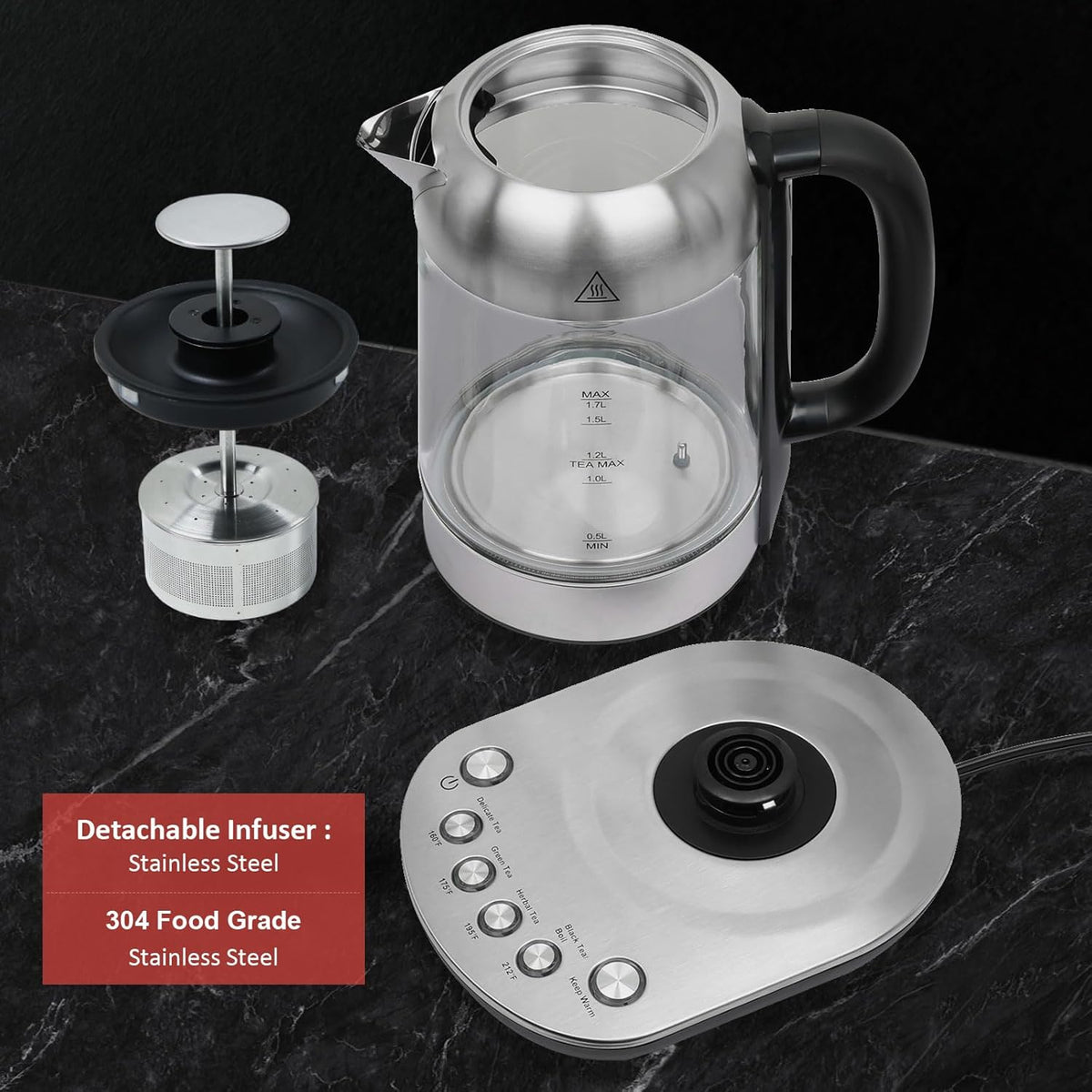 1.7L Borosilicate Glass Electric Kettle with Temperature Control L67525