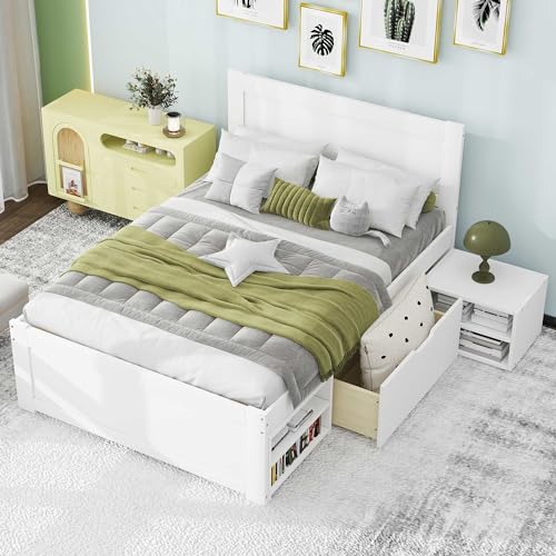 White Full Size Wood Platform Bed with Storage J2788