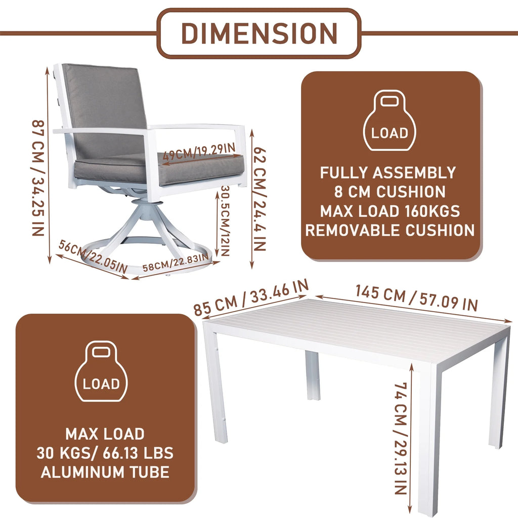 7 Piece Aluminum Outdoor Dining Set with 6 Swivel Chair Padded Cushion F6308
