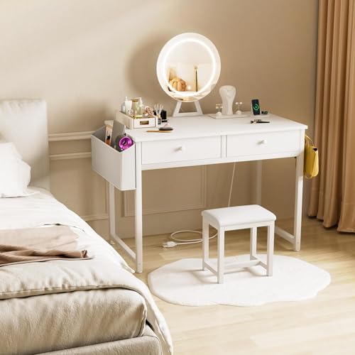 White Vanity Table Set with Mirror and Chair C753794