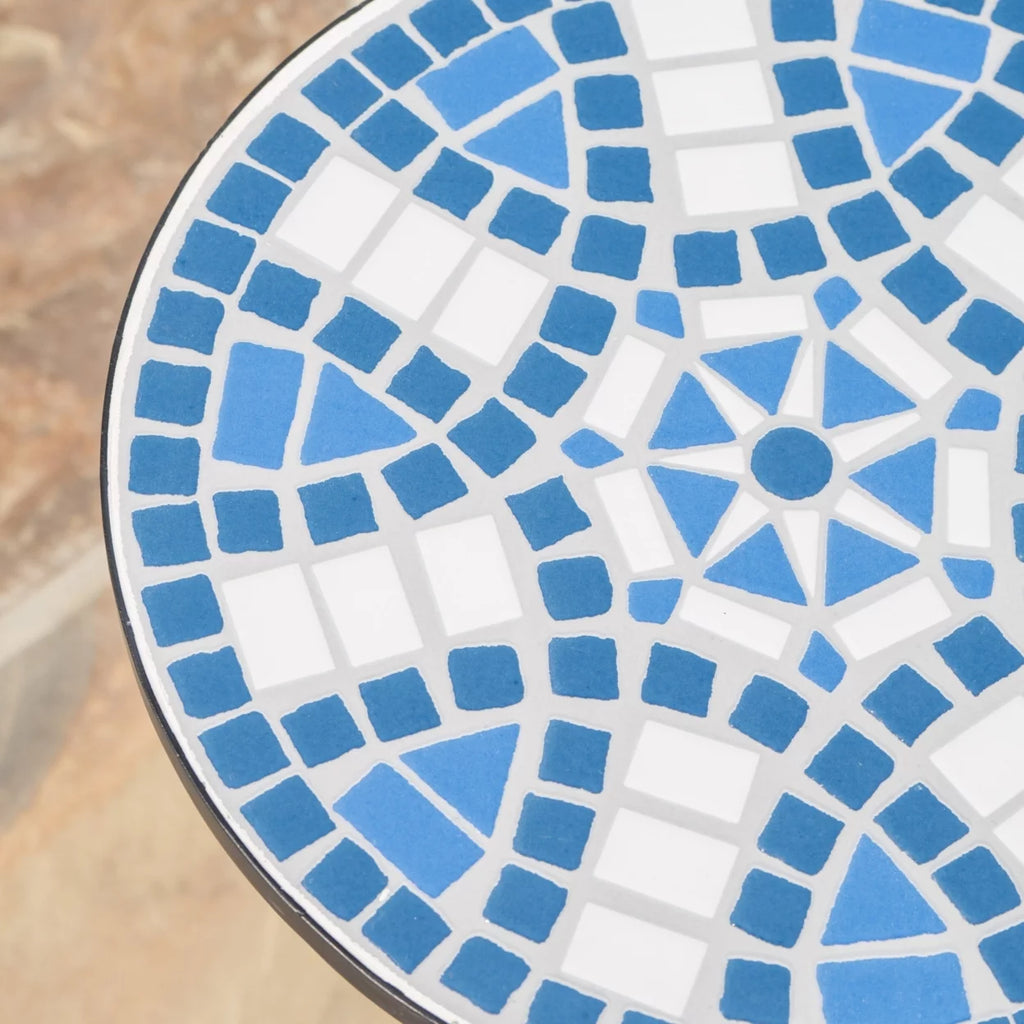 Blue and White Ceramic Tile Iron Frame Side Table W143
