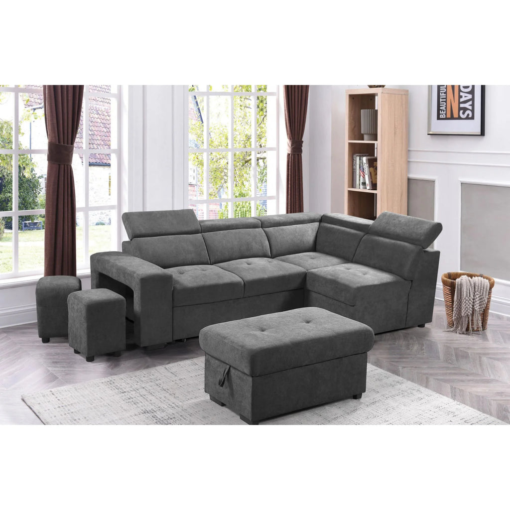 Light Gray Sleeper Sectional Sofa with Storage Ottoman and 2 Stools K72921