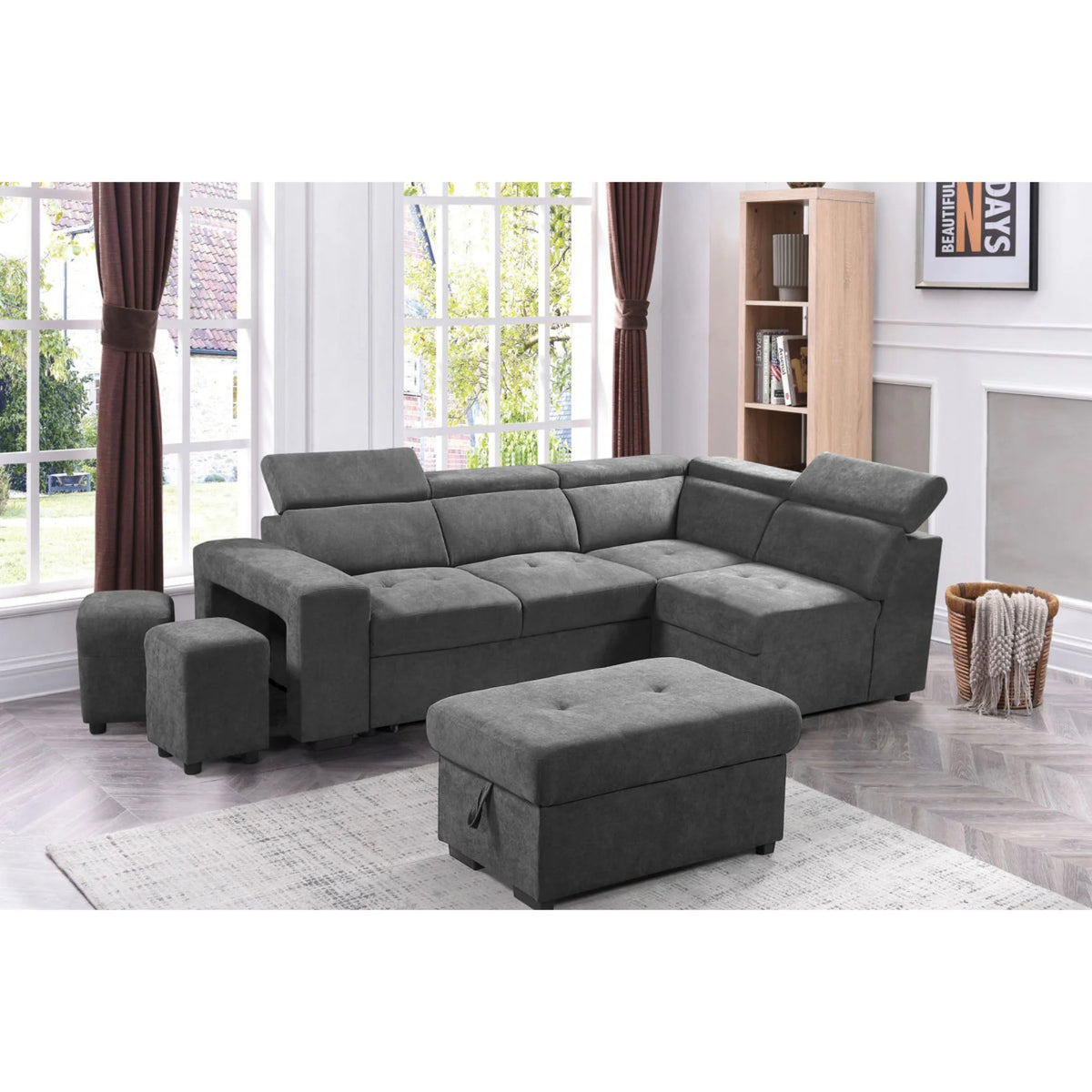 Light Gray Sleeper Sectional Sofa with Storage Ottoman and 2 Stools K72921