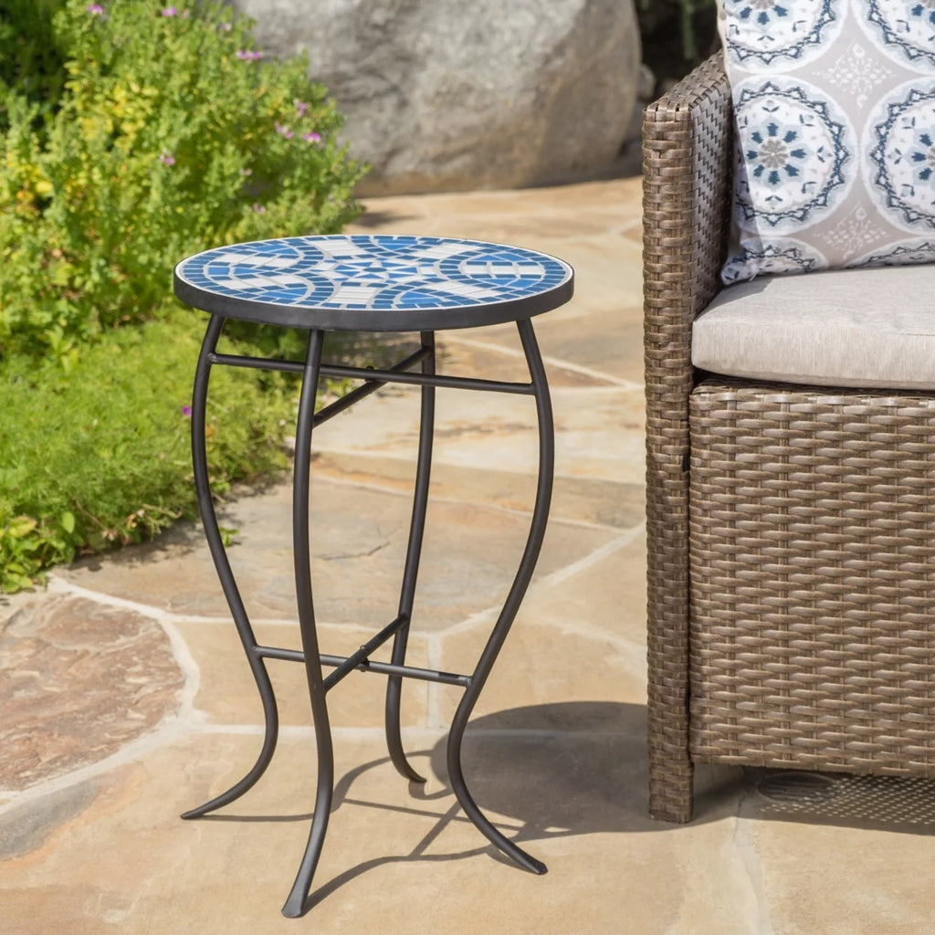 Blue and White Ceramic Tile Iron Frame Side Table W143