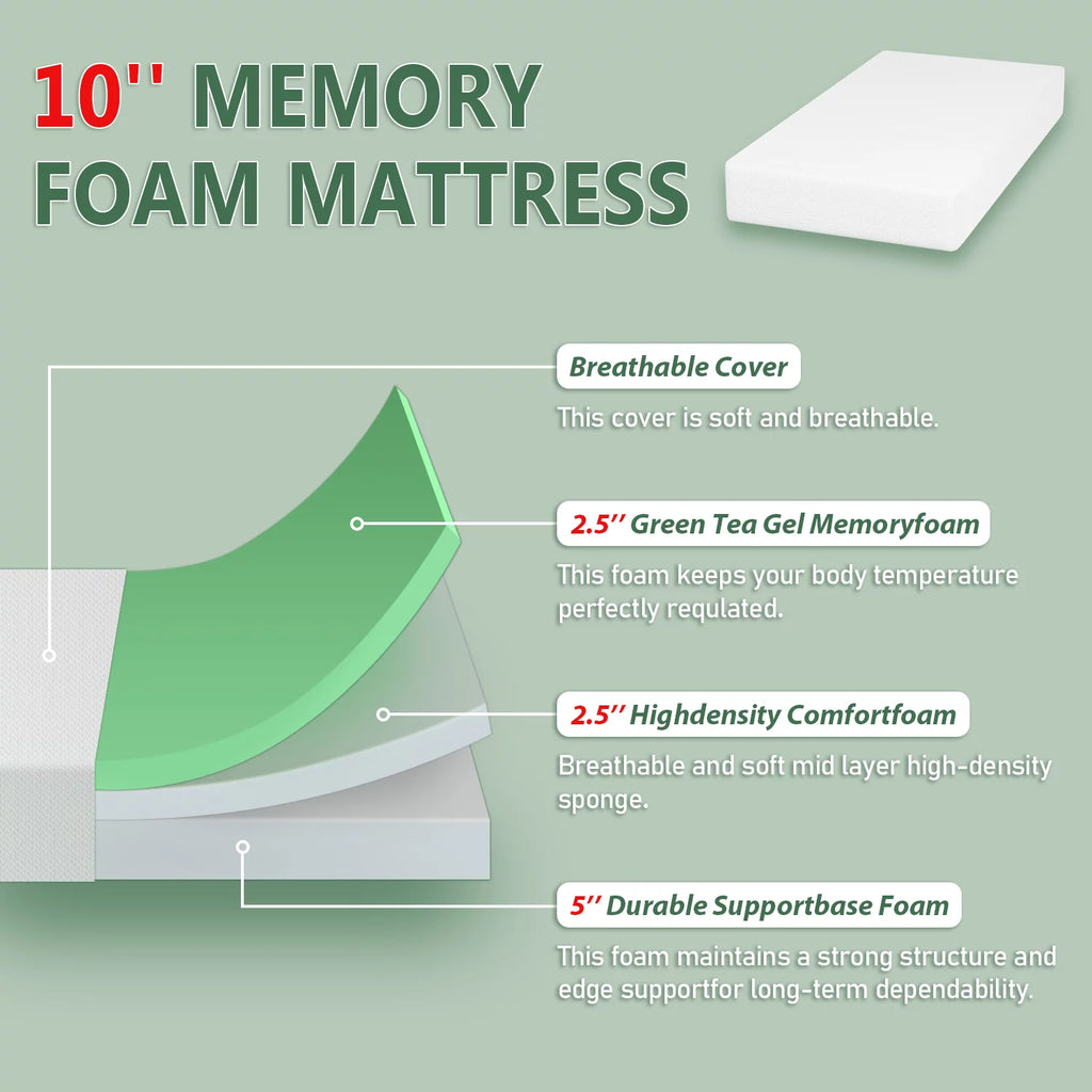 10 Inch Green Tea Memory Foam Twin Mattress G9484