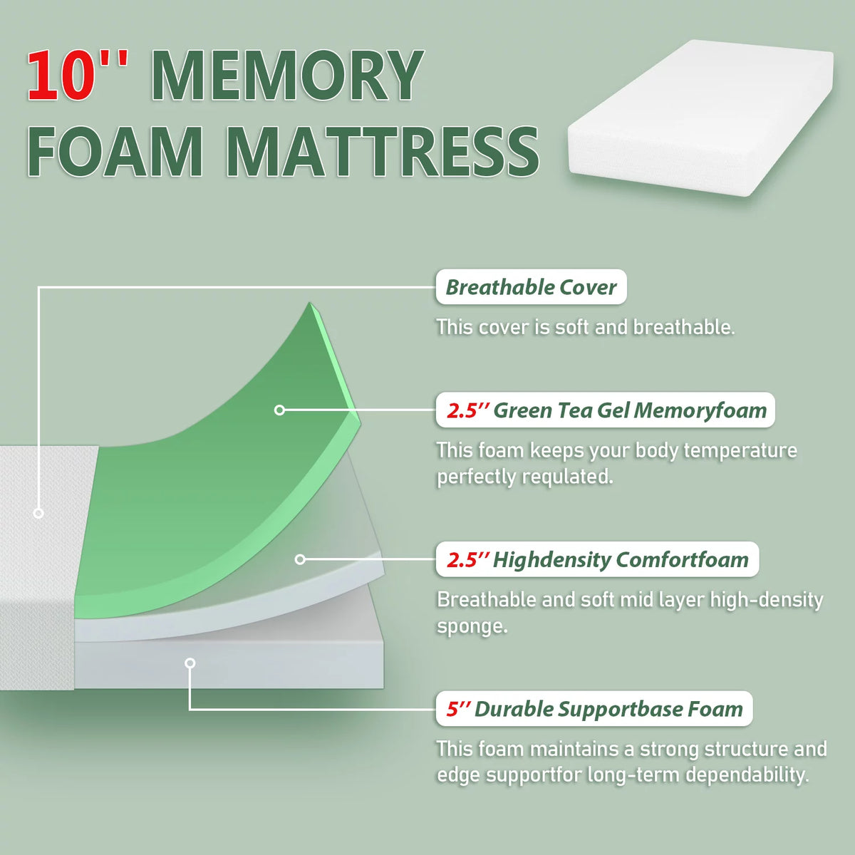 10 Inch Green Tea Memory Foam Twin Mattress G9484