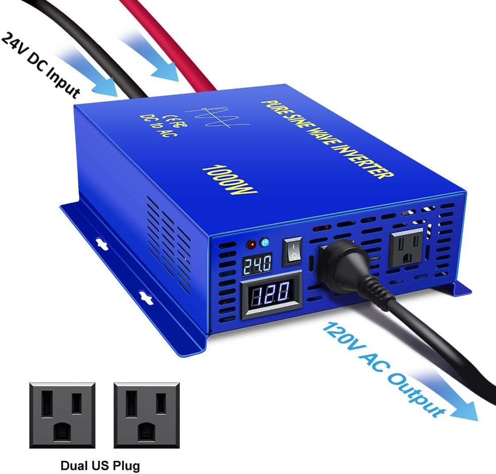 1500W Pure Sine Wave Power Inverter 24V DC to 110V 120V AC with LED Display Dual AC Outlets X757