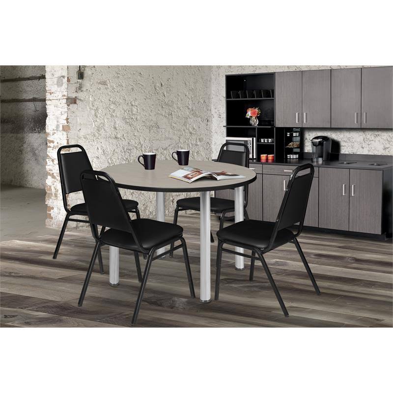 36x22 Round Breakroom Table Maple Chrome with 4 Stack Chairs Black E389519