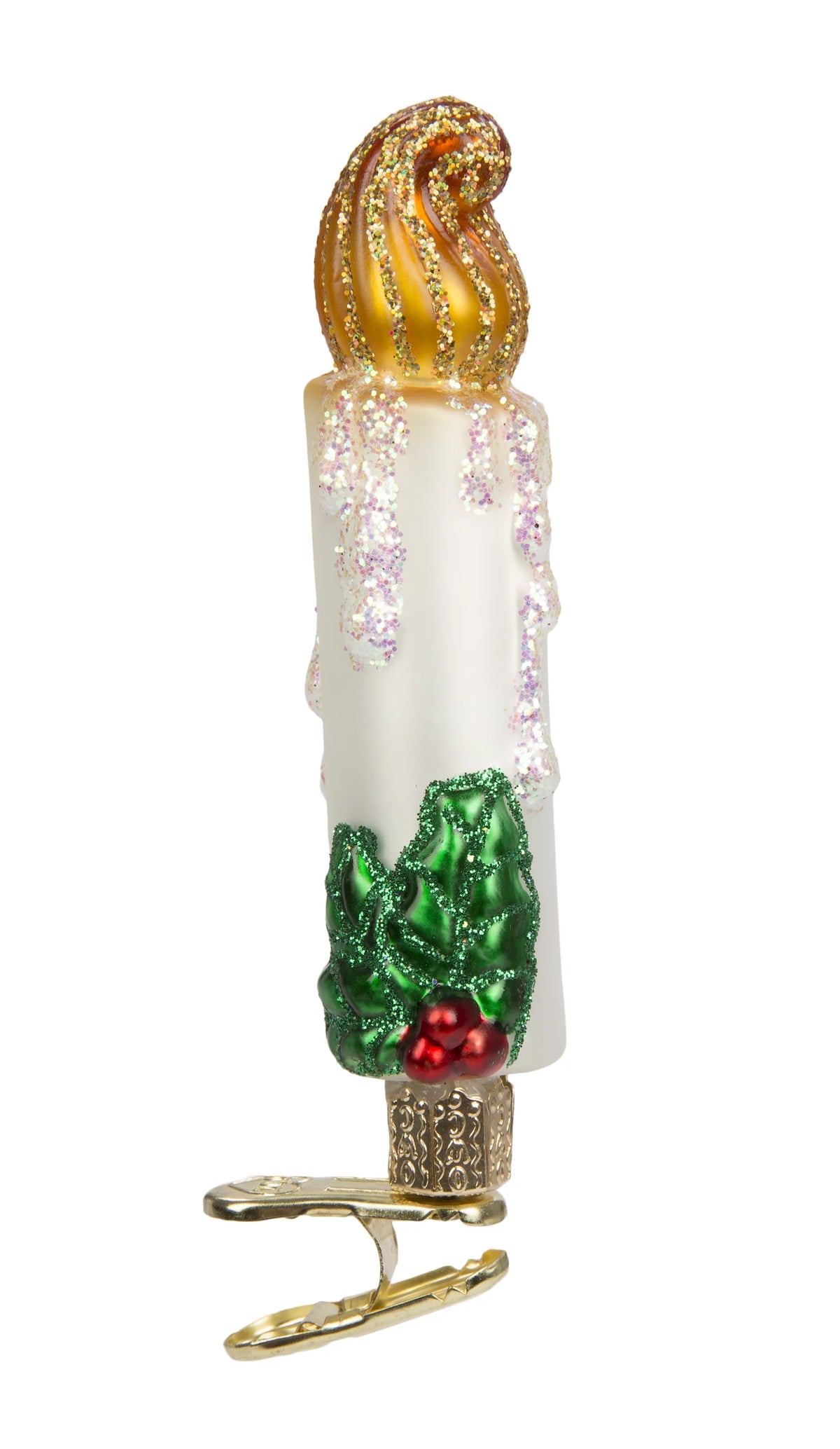 Clip-On Candle Glass Ornament Holly Flame P774