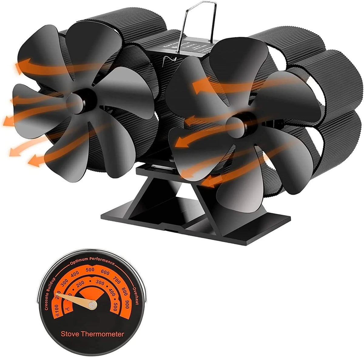 12-Blade Dual Head Heat Powered Wood Stove Fan with Magnetic Thermometer E147