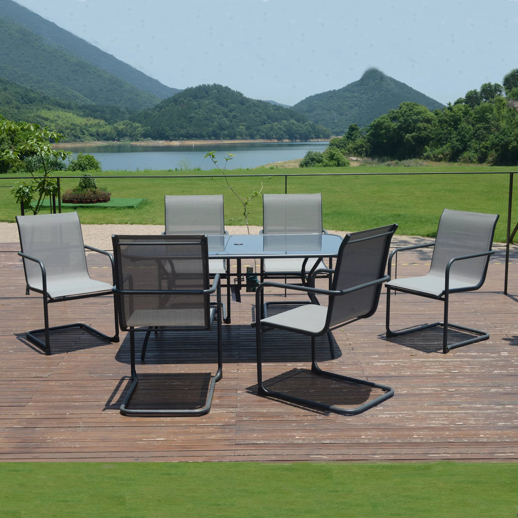 7PCS Outdoor Dining Set Textilene C Spring Chair Tempered Glass Metal Table H298970