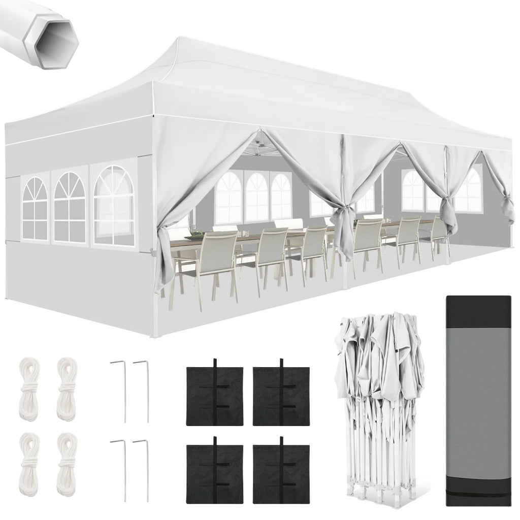 10'x30' Heavy Duty Waterproof Pop Up Canopy with 8 Removable Sidewalls, White M778660