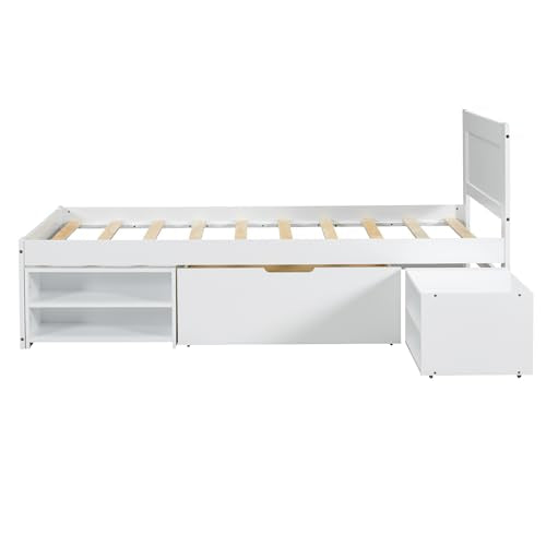 White Full Size Wood Platform Bed with Storage J2788