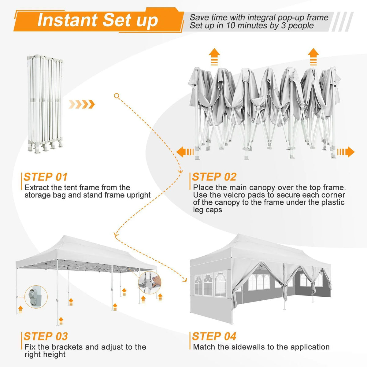10'x30' Heavy Duty Waterproof Pop Up Canopy with 8 Removable Sidewalls, White M778660